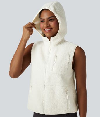 Gilet de sport sherpa à capuche avec poches