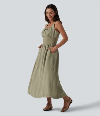 Square Neck Lace Up Corset Midi Casual Dress with Pockets