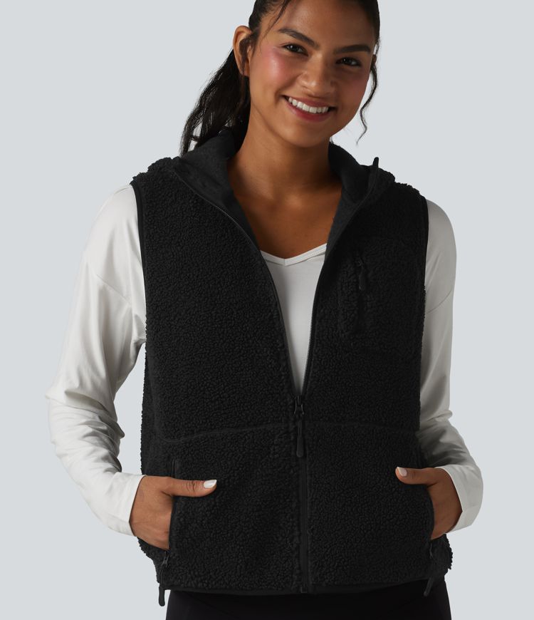 Sportweste aus Sherpa-Fleece mit Kapuze und mehreren Taschen