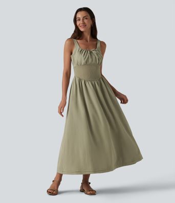 Square Neck Lace Up Corset Midi Casual Dress with Pockets