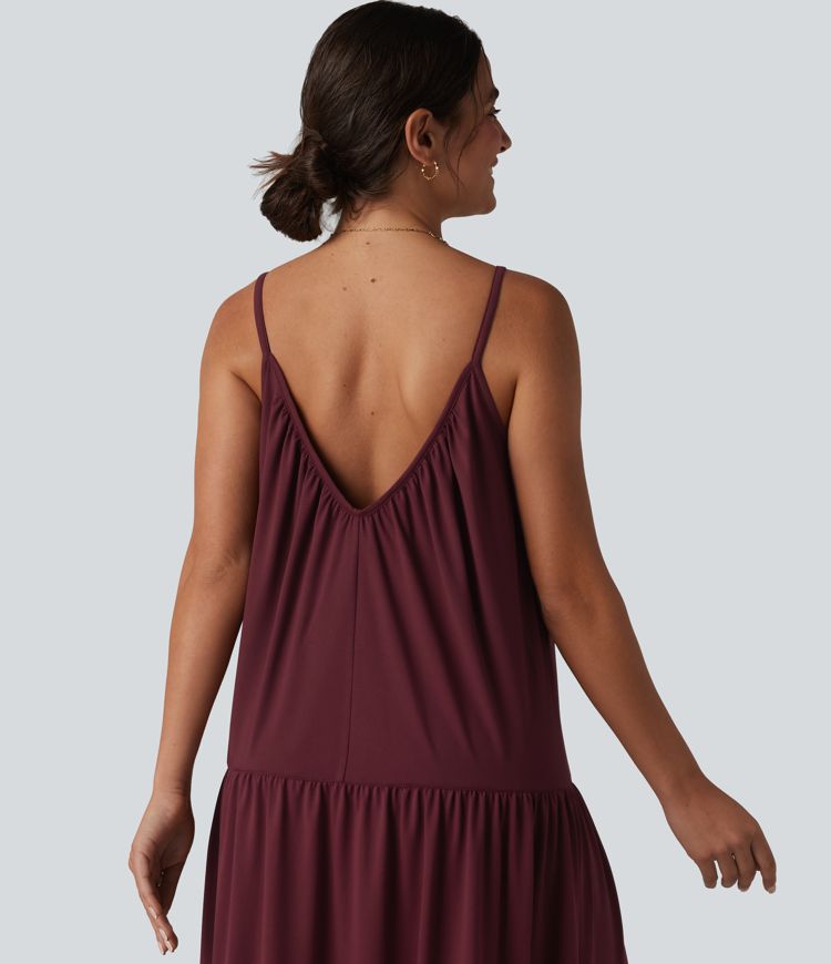 V-neck Split Hem Maxi Flowy Resort Slip Dress