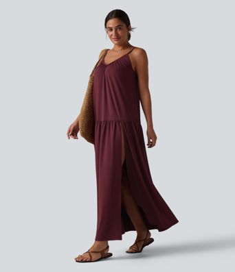 V-neck Split Hem Maxi Flowy Resort Slip Dress