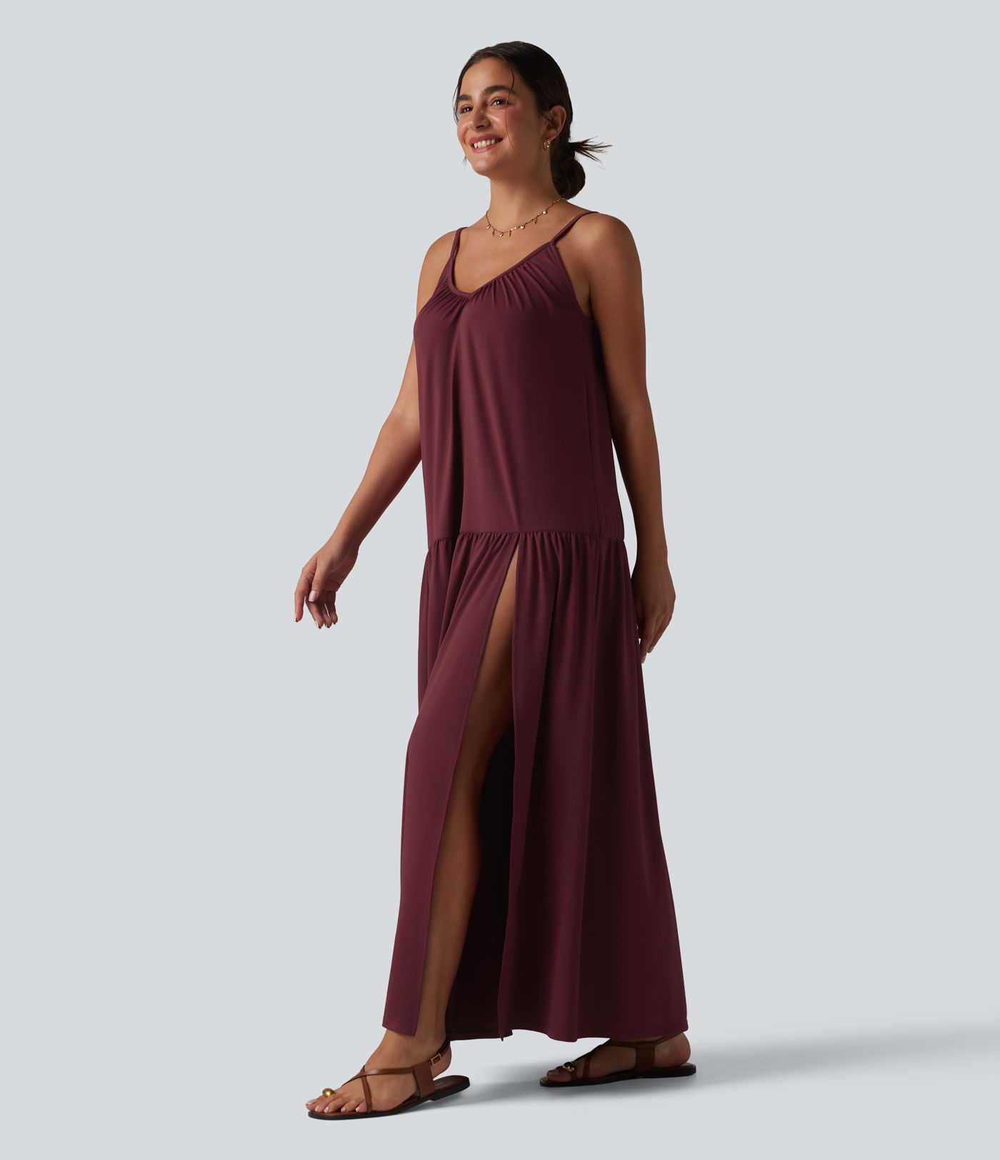 V-neck Split Hem Maxi Flowy Resort Slip Dress