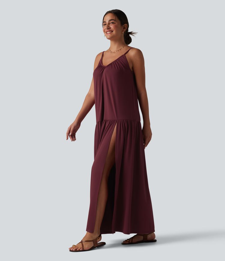 V-neck Split Hem Maxi Flowy Resort Slip Dress