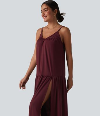 V-neck Split Hem Maxi Flowy Resort Slip Dress