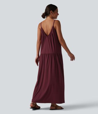 V-neck Split Hem Maxi Flowy Resort Slip Dress