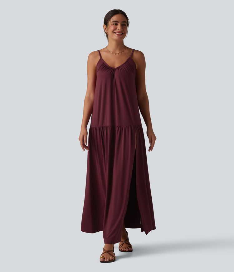 V-neck Split Hem Maxi Flowy Resort Slip Dress