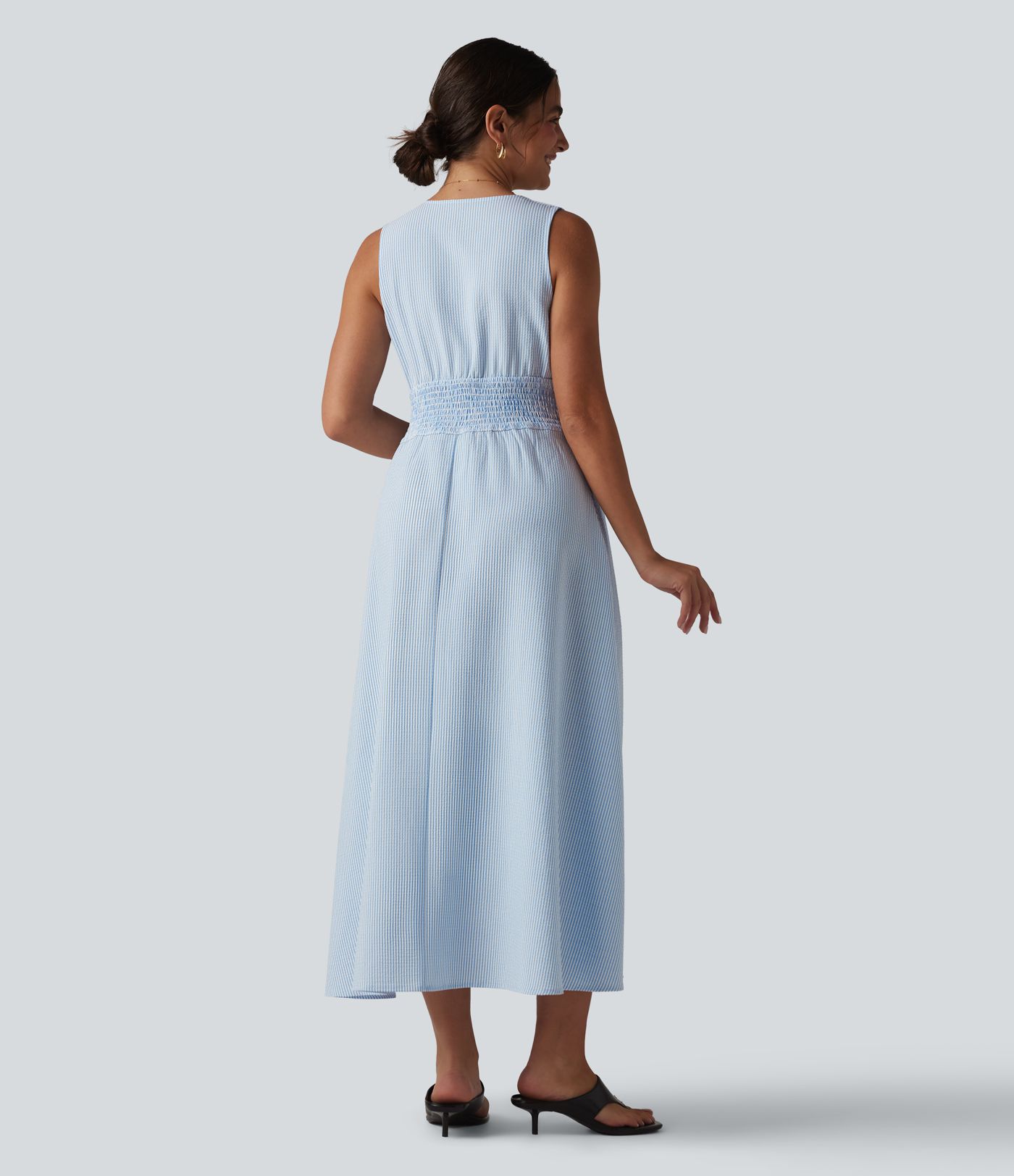 V Neck Sleeveless Stripe Midi Dress with Pockets