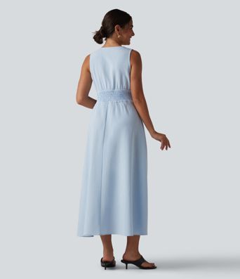 V Neck Sleeveless Stripe Midi Dress with Pockets