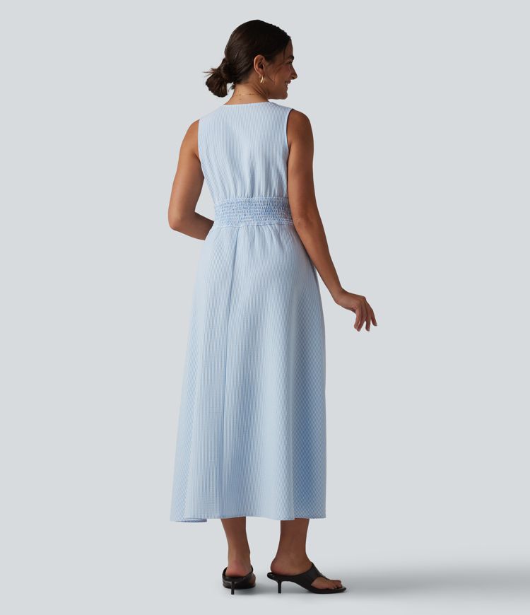 V Neck Sleeveless Stripe Midi Dress with Pockets