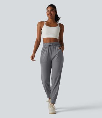 High Waisted Drawstring Cool Touch Workout Joggers with Pockets-UPF50+
