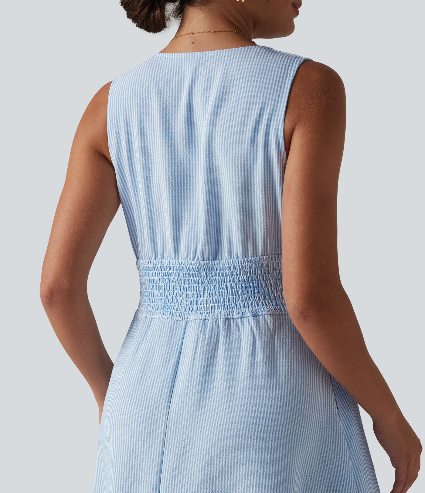 V Neck Sleeveless Stripe Midi Dress with Pockets