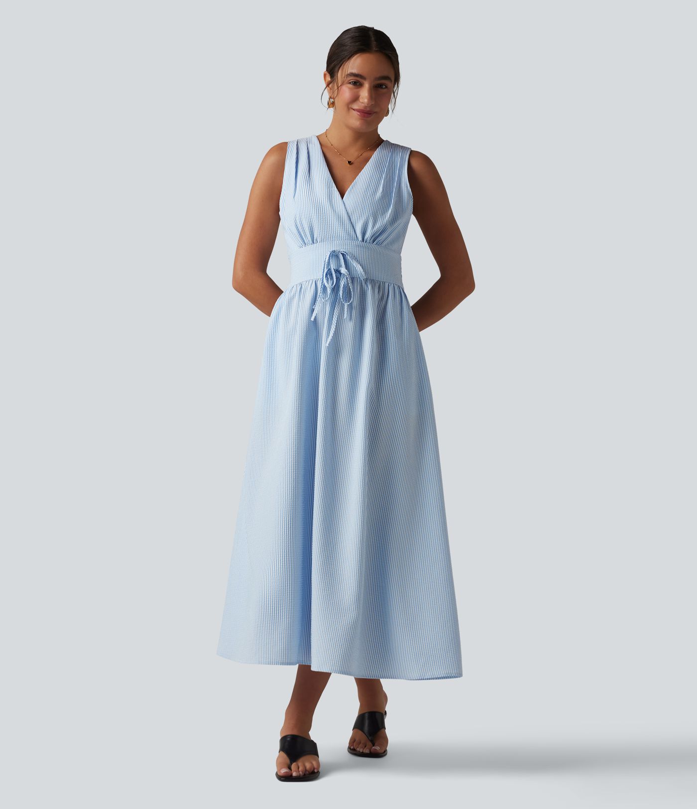 V Neck Sleeveless Stripe Midi Dress with Pockets