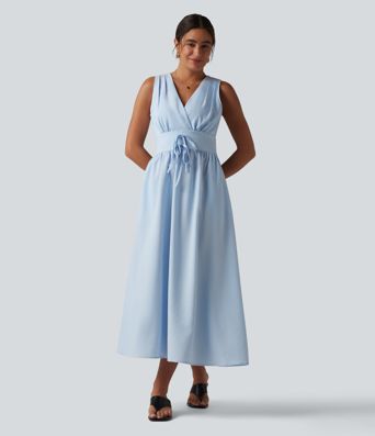V Neck Sleeveless Stripe Midi Dress with Pockets