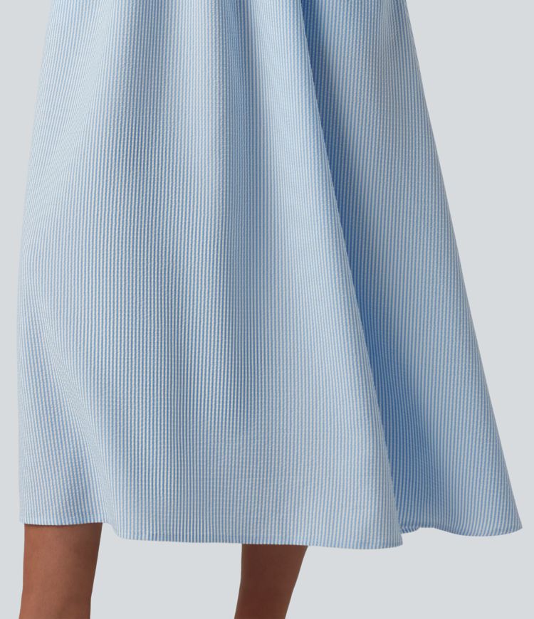 V Neck Sleeveless Stripe Midi Dress with Pockets