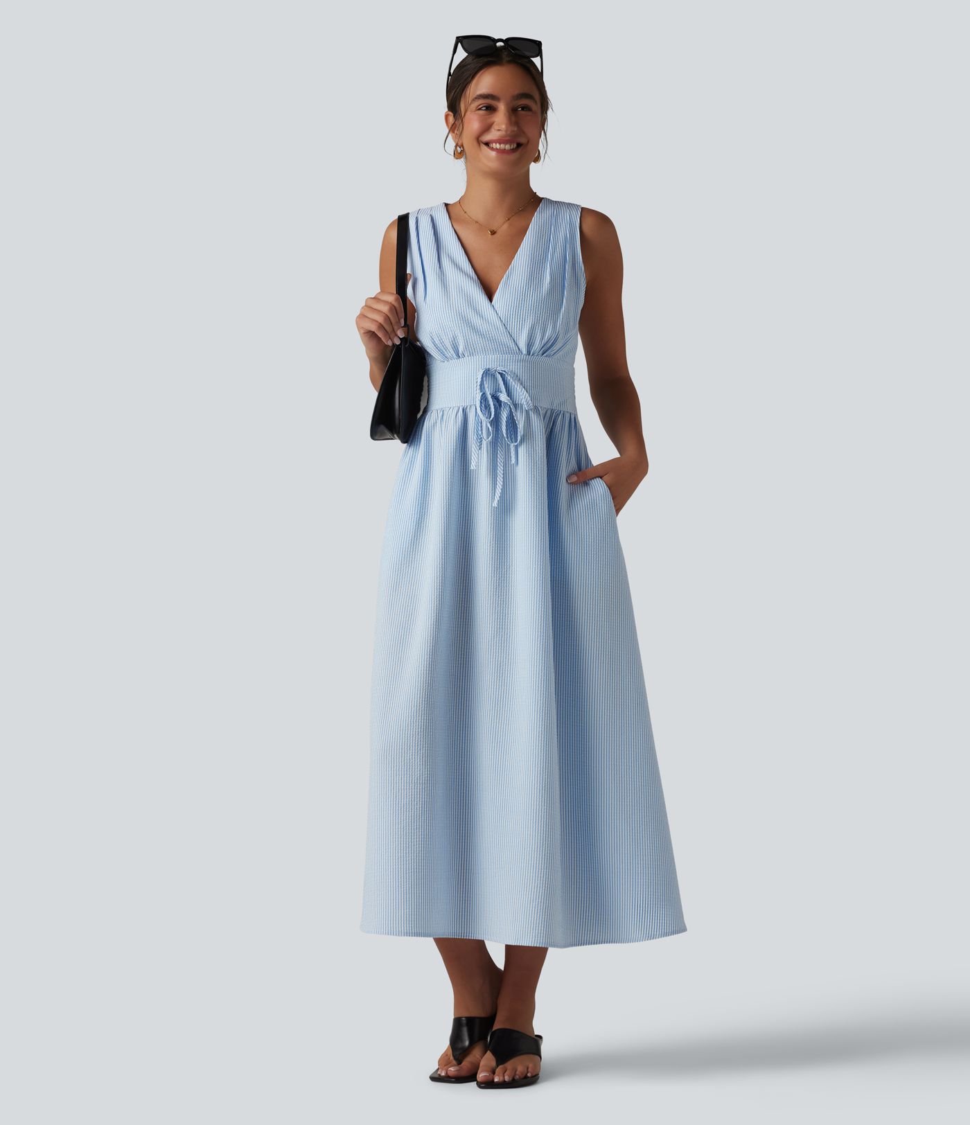 V Neck Sleeveless Stripe Midi Dress with Pockets