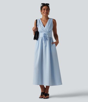 V Neck Sleeveless Stripe Midi Dress with Pockets