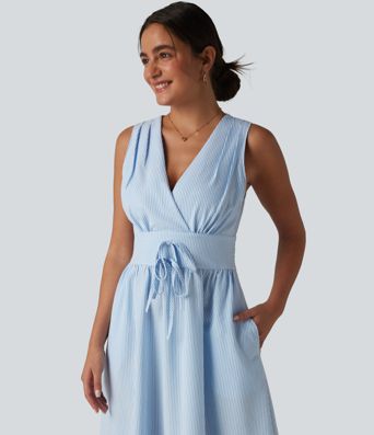 V Neck Sleeveless Stripe Midi Dress with Pockets