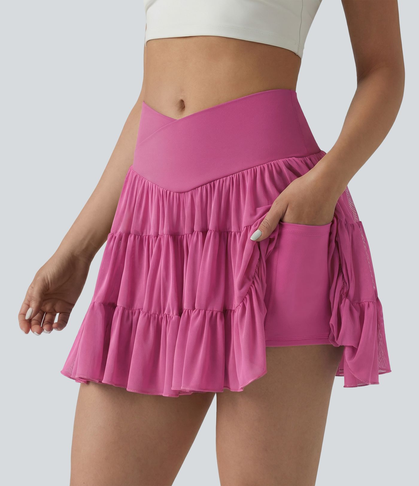 High Waisted Crossover Flowy 2-in-1 Mini Tennis Skirt with Pockets