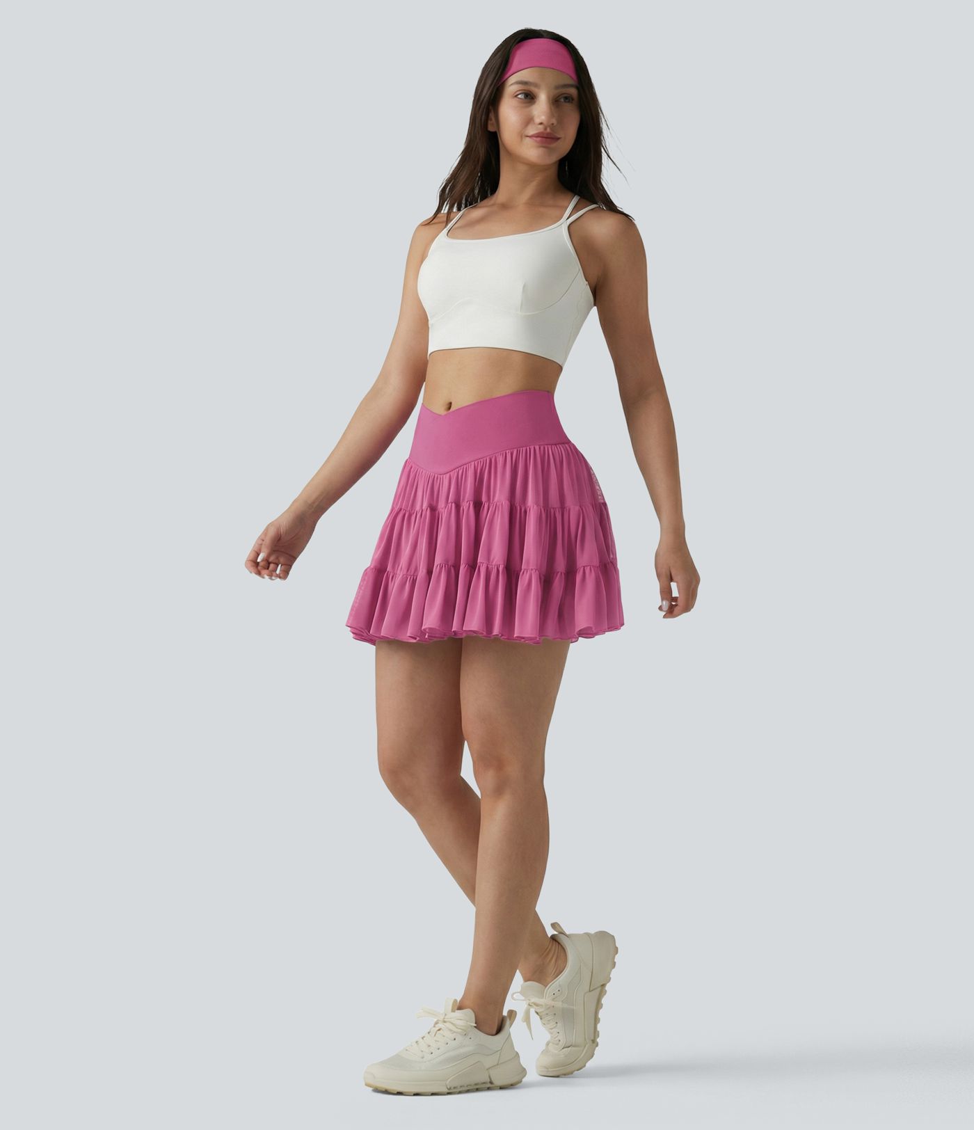 High Waisted Crossover Flowy 2-in-1 Mini Tennis Skirt with Pockets