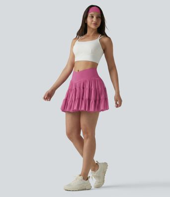 High Waisted Crossover Flowy 2-in-1 Mini Tennis Skirt with Pockets