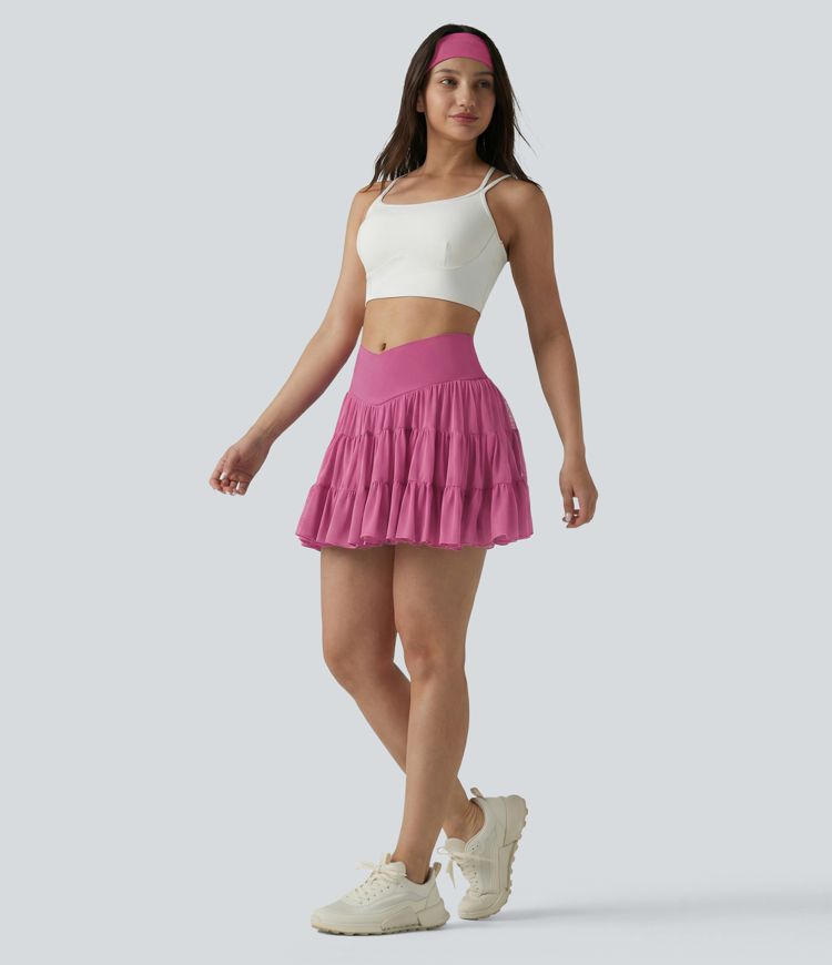 High Waisted Crossover Flowy 2-in-1 Mini Tennis Skirt with Pockets