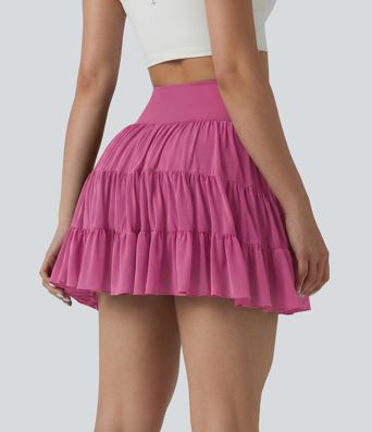 High Waisted Crossover Flowy 2-in-1 Mini Tennis Skirt with Pockets