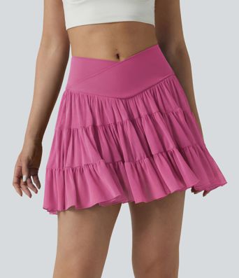 High Waisted Crossover Flowy 2-in-1 Mini Tennis Skirt with Pockets