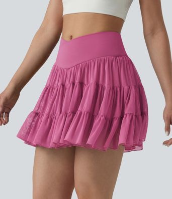 High Waisted Crossover Flowy 2-in-1 Mini Tennis Skirt with Pockets
