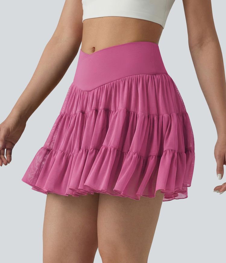 High Waisted Crossover Flowy 2-in-1 Mini Tennis Skirt with Pockets