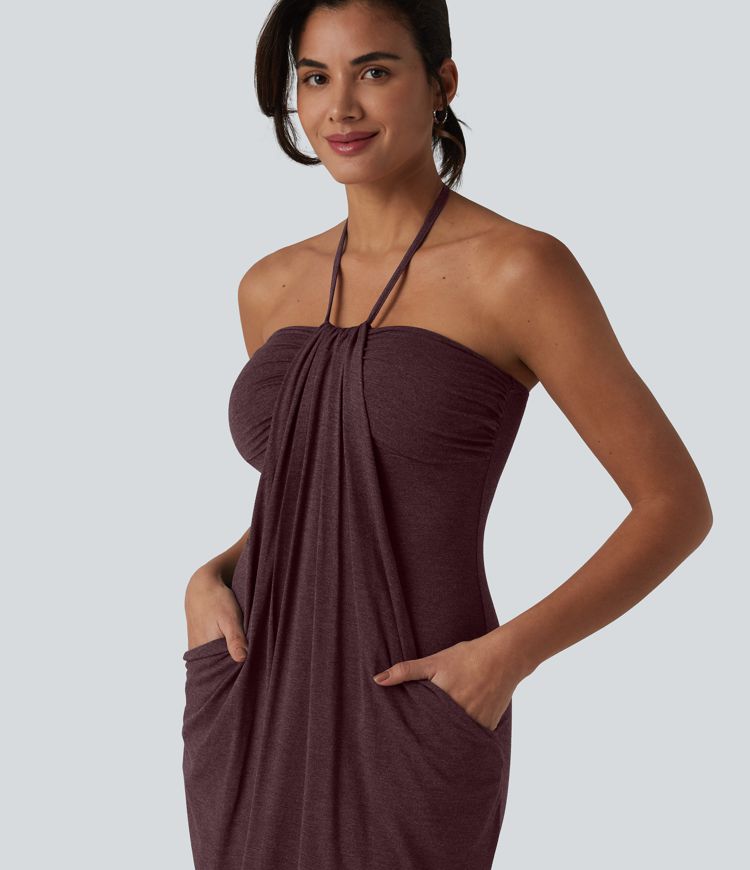 Halter Tie Back Mini Resort Dress with Pockets