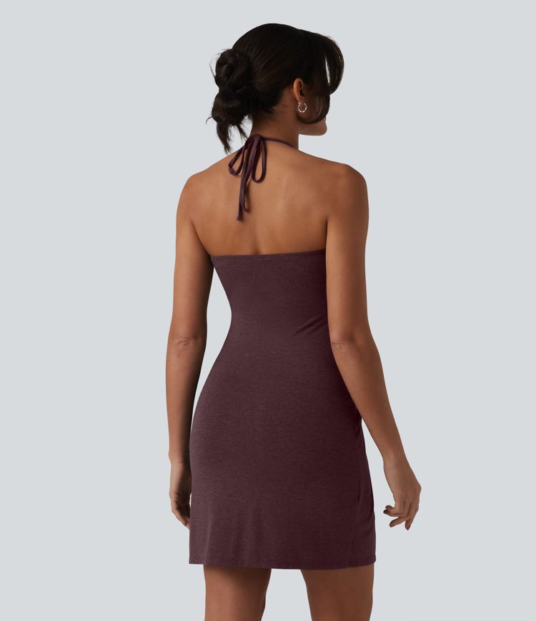 Halter Tie Back Mini Resort Dress with Pockets