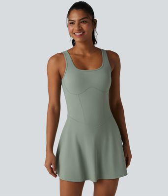 U Neck Sleeveless 2-in-1 Built-in Bra Mini Workout Active Dress with Pockets-Easy Peezy