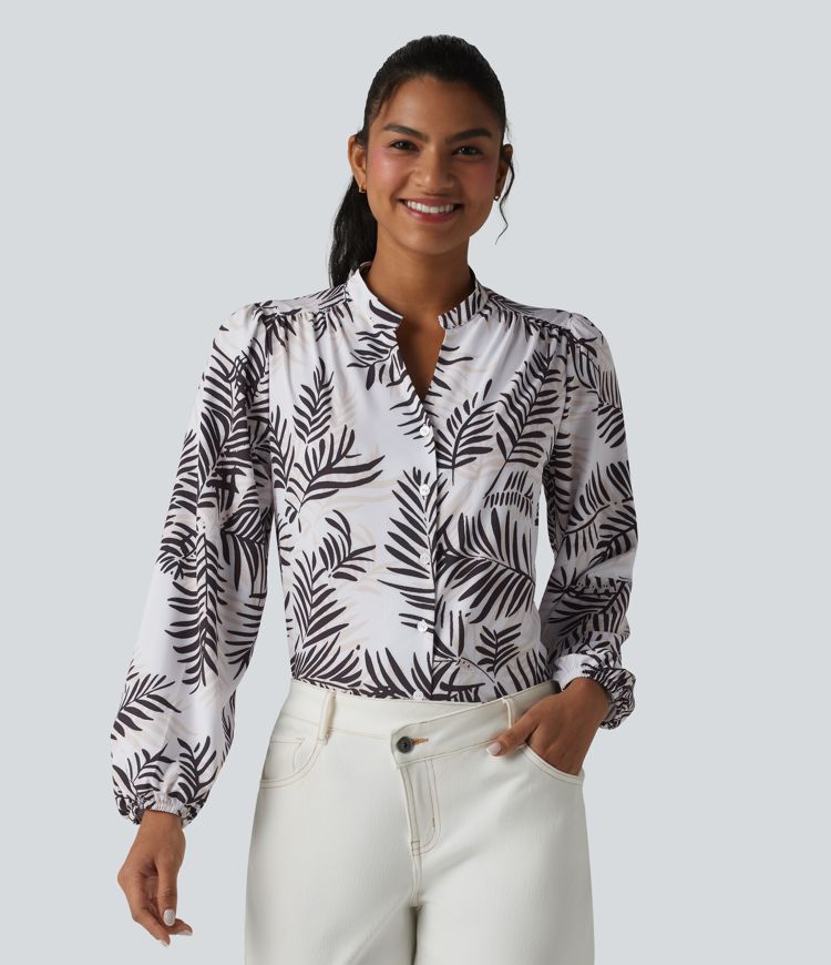 Blouse habillée col V manches longues imprimé tropical botanique