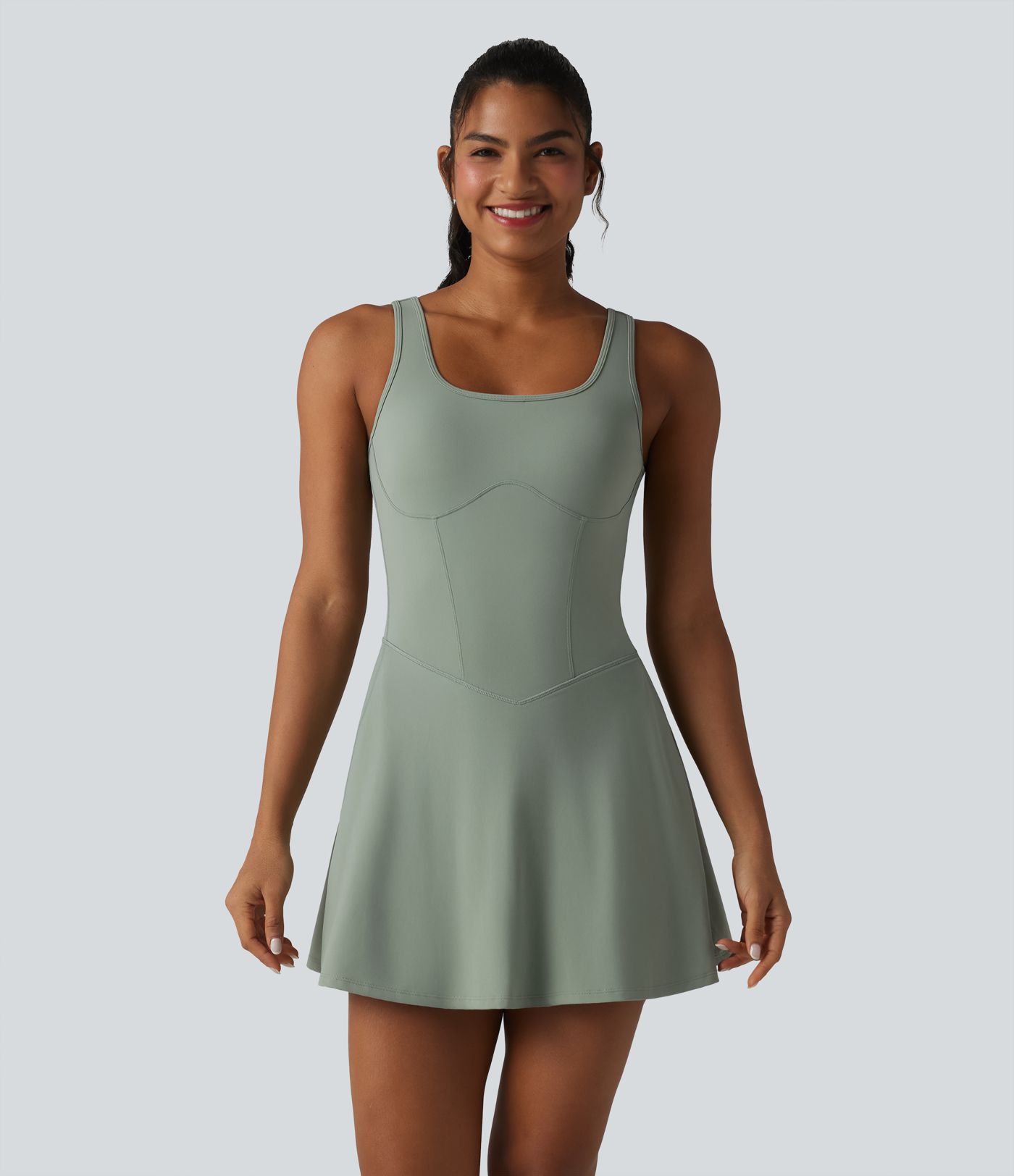 U Neck Sleeveless 2-in-1 Built-in Bra Mini Workout Active Dress with Pockets-Easy Peezy