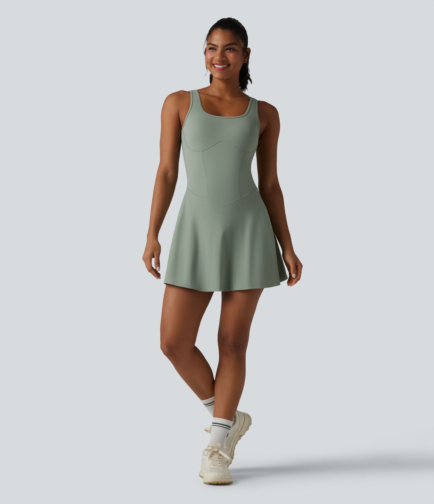 U Neck Sleeveless 2-in-1 Built-in Bra Mini Workout Active Dress with Pockets-Easy Peezy