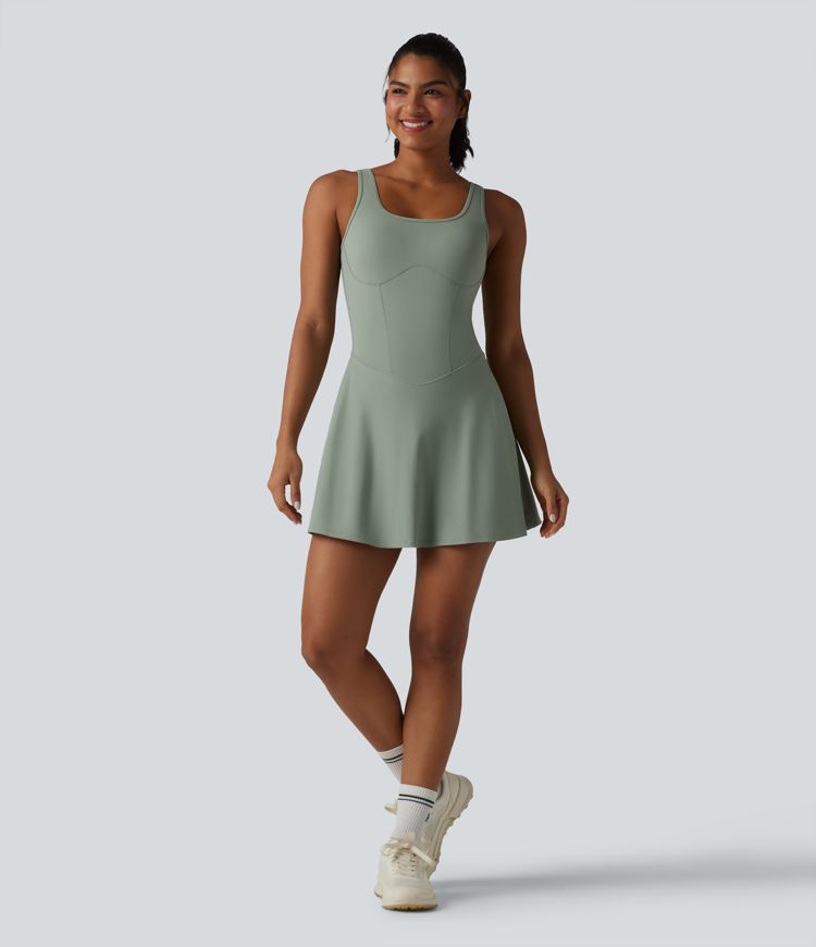 U Neck Sleeveless 2-in-1 Built-in Bra Mini Workout Active Dress with Pockets-Easy Peezy