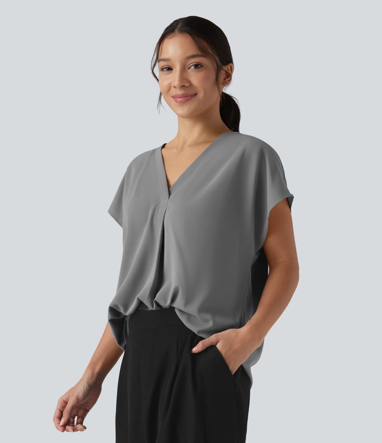 Wrinkle-resistant V-neck Short Sleeve Oversized Work Blouse