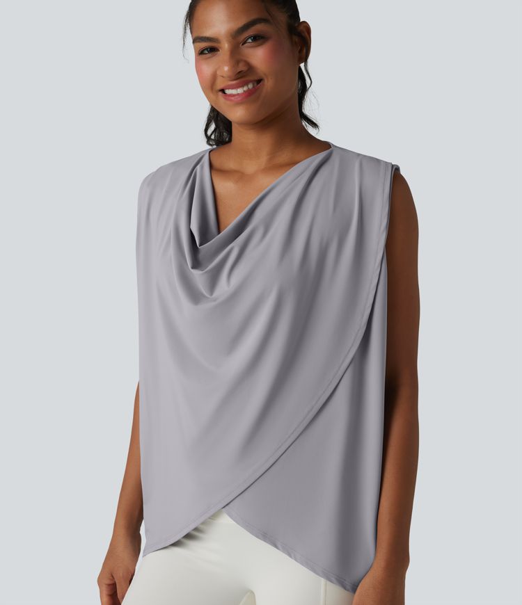 Hooded Cowl Neck Sleeveless Yoga Sports Top with Pockets