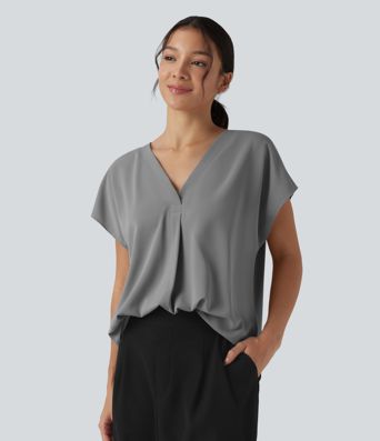 Wrinkle-resistant V-neck Short Sleeve Oversized Work Blouse