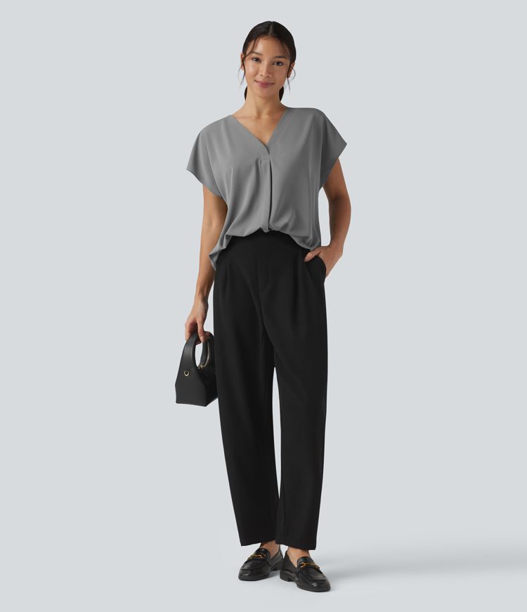 Wrinkle-resistant V-neck Short Sleeve Oversized Work Blouse