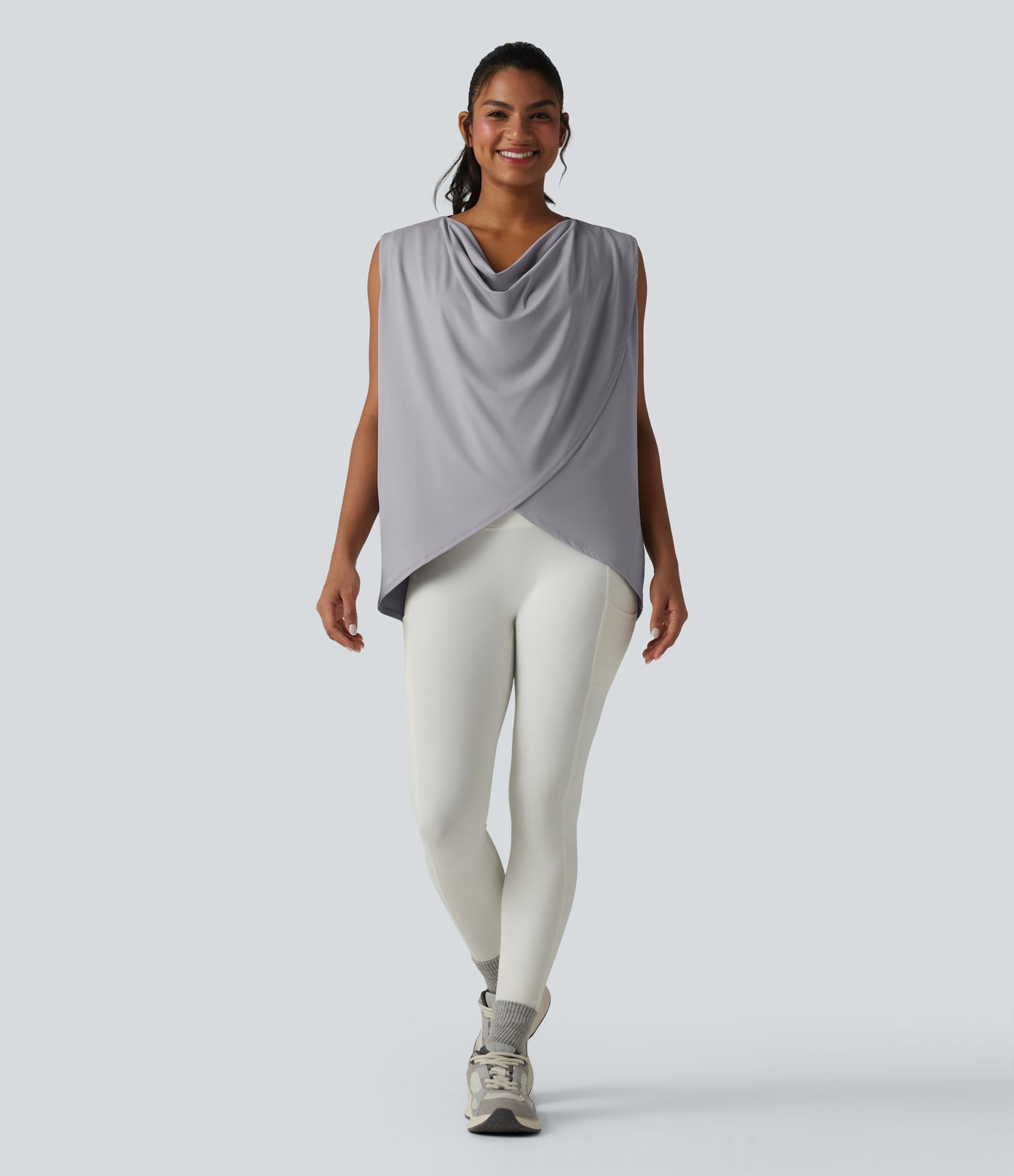 Hooded Cowl Neck Sleeveless Yoga Sports Top with Pockets