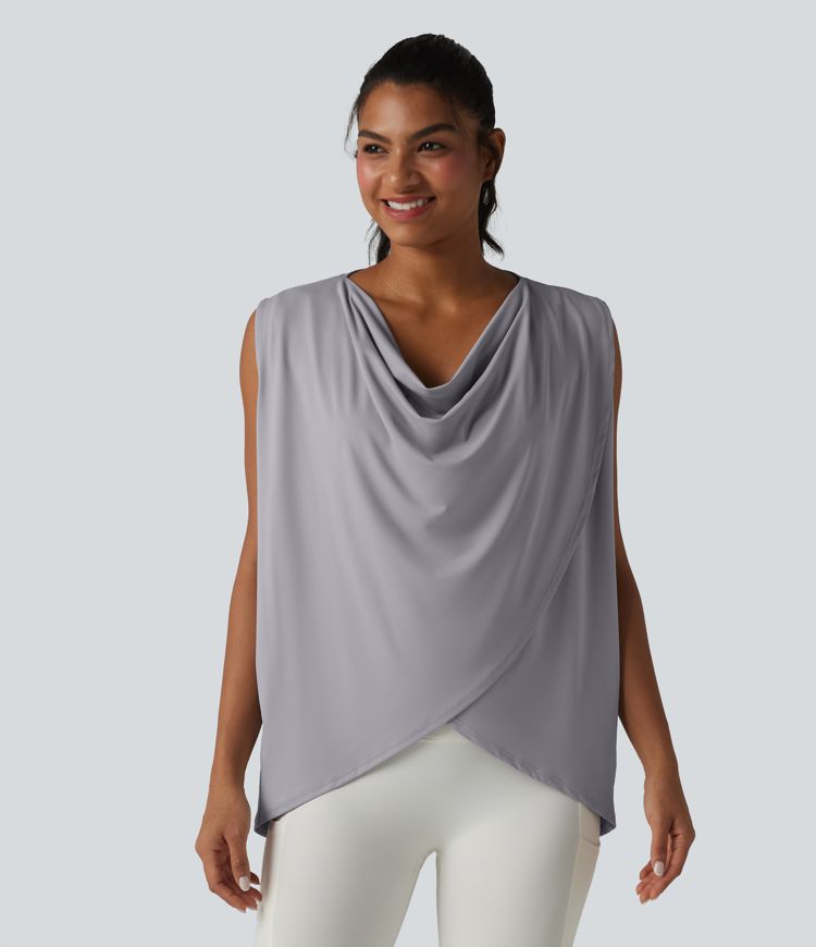 Hooded Cowl Neck Sleeveless Yoga Sports Top with Pockets
