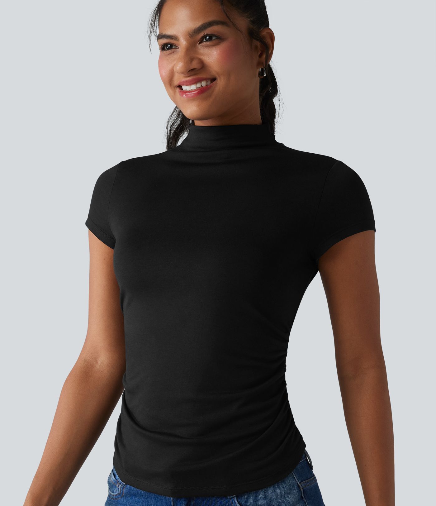 Mock-neck Short Sleeve Ruched Casual T-Shirt