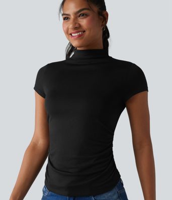Mock-neck Short Sleeve Ruched Casual T-Shirt