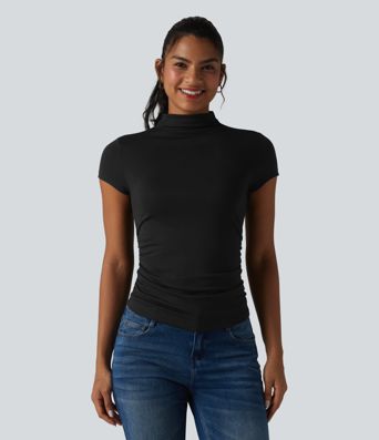 Mock-neck Short Sleeve Ruched Casual T-Shirt