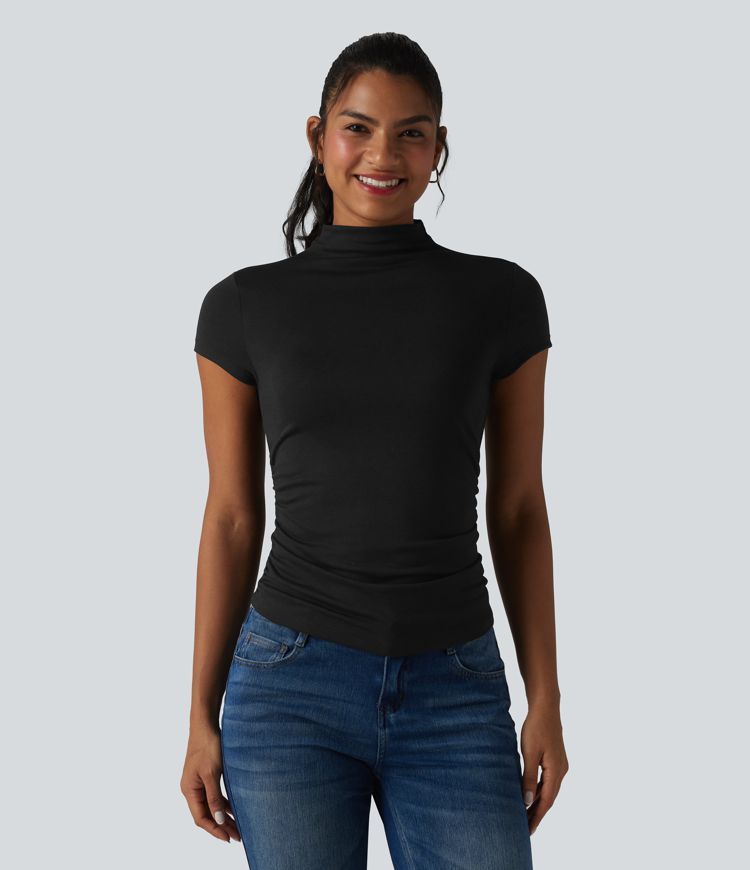 Mock-neck Short Sleeve Ruched Casual T-Shirt