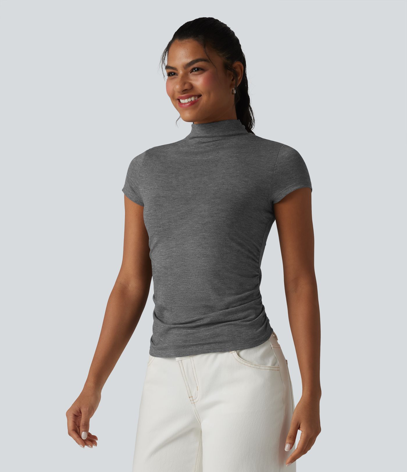 Mock-neck Short Sleeve Ruched Casual T-Shirt