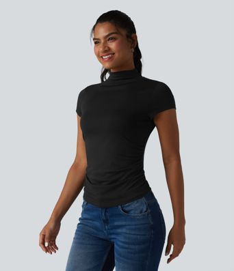 Mock-neck Short Sleeve Ruched Casual T-Shirt