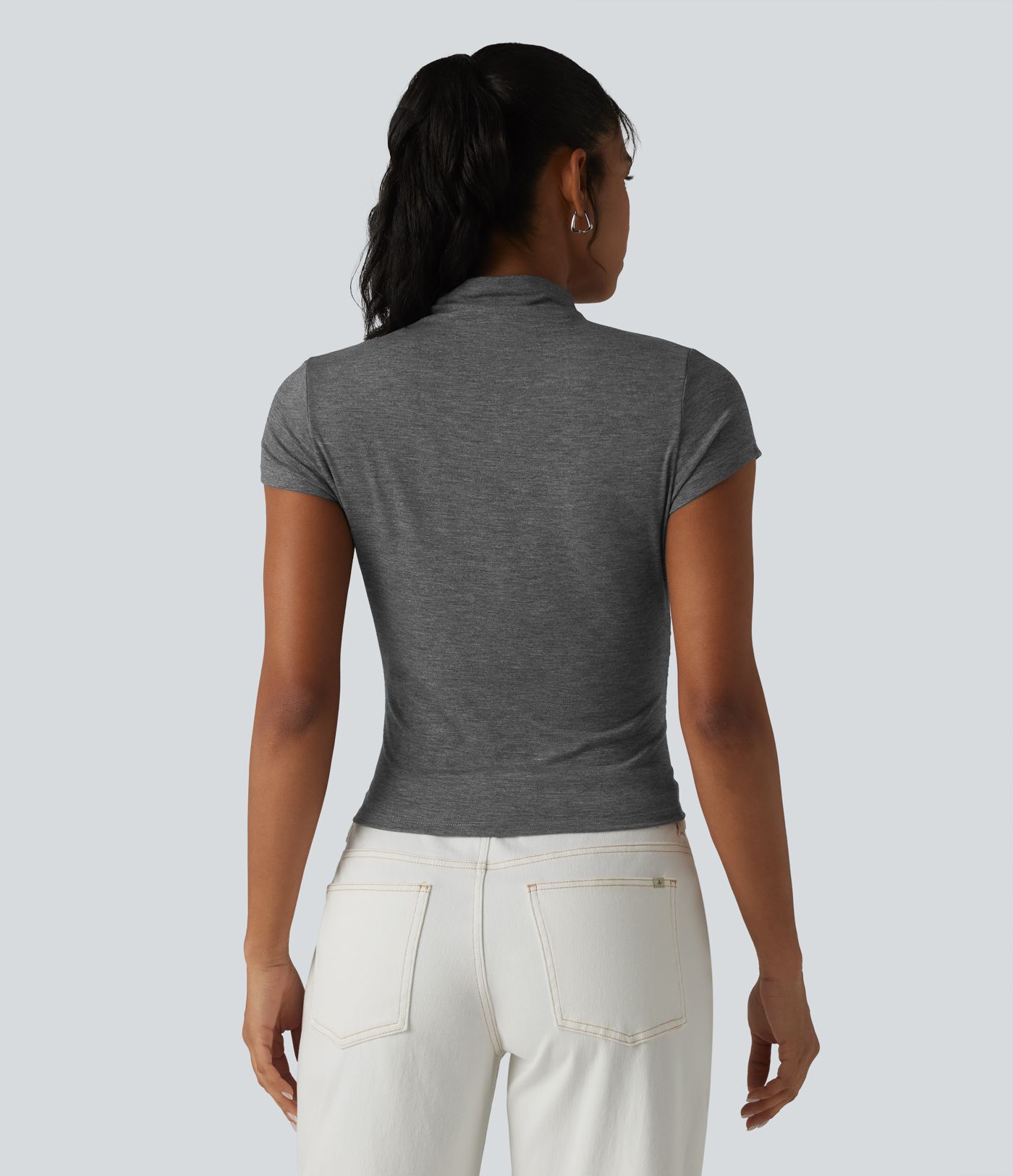 Mock-neck Short Sleeve Ruched Casual T-Shirt
